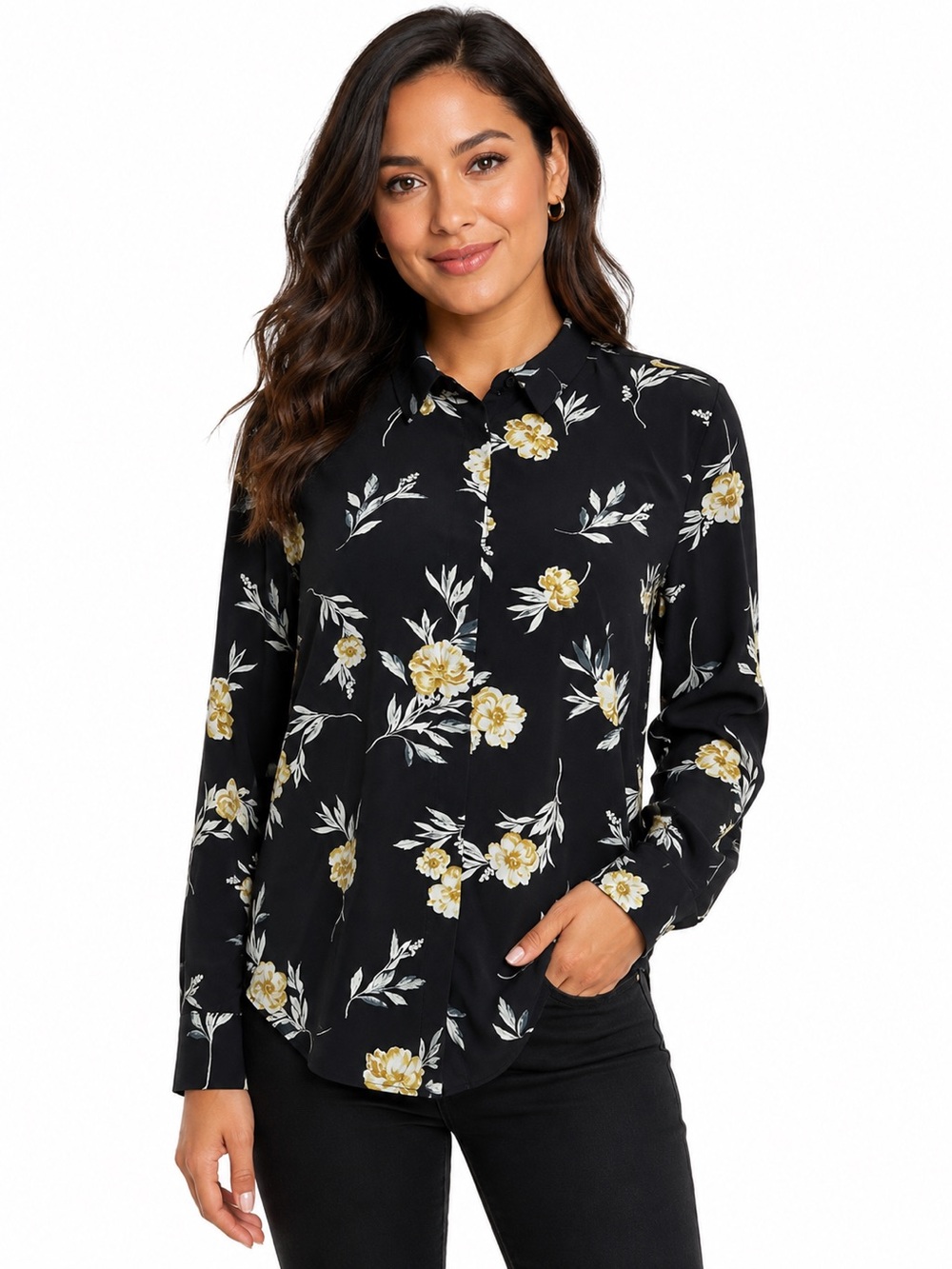 H&M Woman's Black Floral Long Sleeve Button Down Size 4